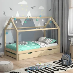 VitaliSpa Kinderbett Hausbett Gästebett Wiki Natur 90x200cm Schublade Lattenrost