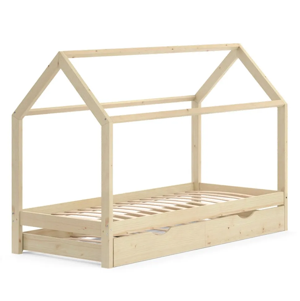 VitaliSpa Kinderbett Hausbett Gästebett Wiki Natur 90x200cm Schublade Lattenrost