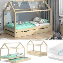 VitaliSpa Kinderbett Hausbett Gästebett Wiki Natur 90x200cm Schublade Matratzen
