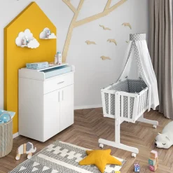 VITALISPA Wiege NOAH Schaukelwiege Babywiege Holz Weiß Grau Bett Set Buche