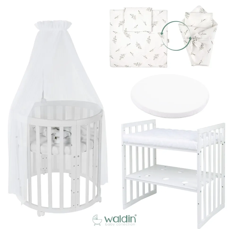 Waldin Babybett OWAL Kinderbett 7in1 mit Matratze, mitwachsendes Kinder-Bett