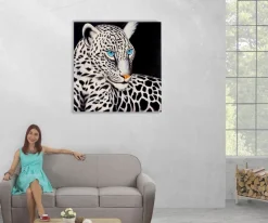 Wandbild Weißer Leopard, 100% handgemaltes Ölgemälde Gemälde XL, 100x100cm
