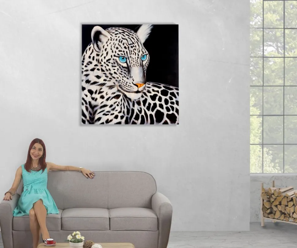 Wandbild Weißer Leopard, 100% handgemaltes Ölgemälde Gemälde XL, 100x100cm