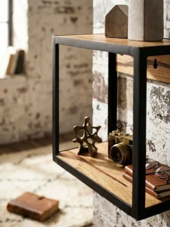 Wandregal Massivholz Metall Industrial Stil 35x18x35 cm Quadratisch