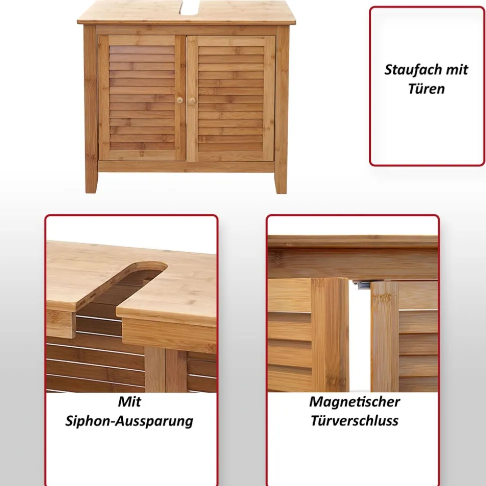 Waschbeckenunterschrank MCW-B18, Badezimmer Badschrank, Bambus ~ 60x67x30cm