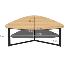 Wohnzimmertisch FineBuy Couchtisch Nierenförmig Eiche Optik Glas Ablage 110 cm