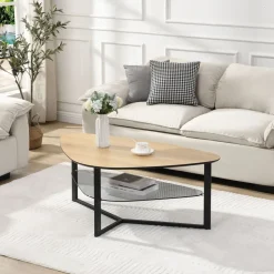 Wohnzimmertisch FineBuy Couchtisch Nierenförmig Eiche Optik Glas Ablage 110 cm