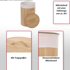 Wäschekorb MCW-C21, Laundry Wäschebox Wäschesammler Wäschebehälter Wäschetonne, Bambus rund 59x35cm 50l ~ naturfarben
